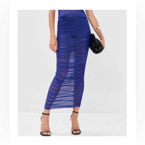 NEW Good American Women's Mesh Ruched Maxi Skirt in Capri Blue Cover up Size L - Picture 1 of 8